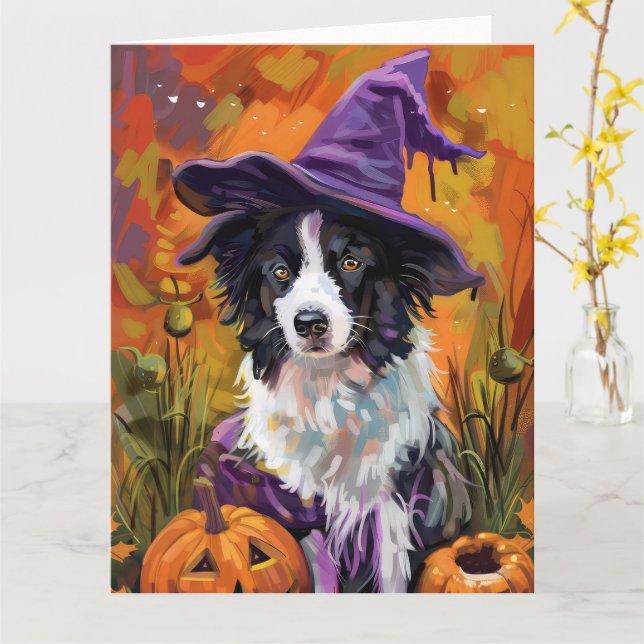 Spooky Gräns Collie Halloween Witch och Pumpkin Kort (Gul blomma)