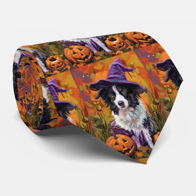 Spooky Gräns Collie Halloween Witch och Pumpkin Slips (Rullad)