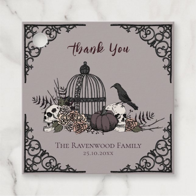 Spooky Grått Gothic Skull och Ro Tack Gåvor Etiketter (Framsida)