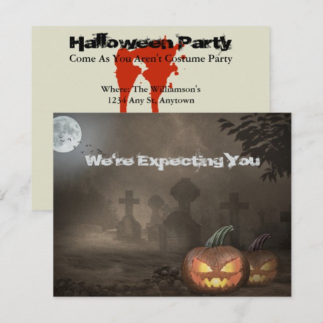 Spooky Graveyard Party Inbjudan med blodig text (Fram/baksida)
