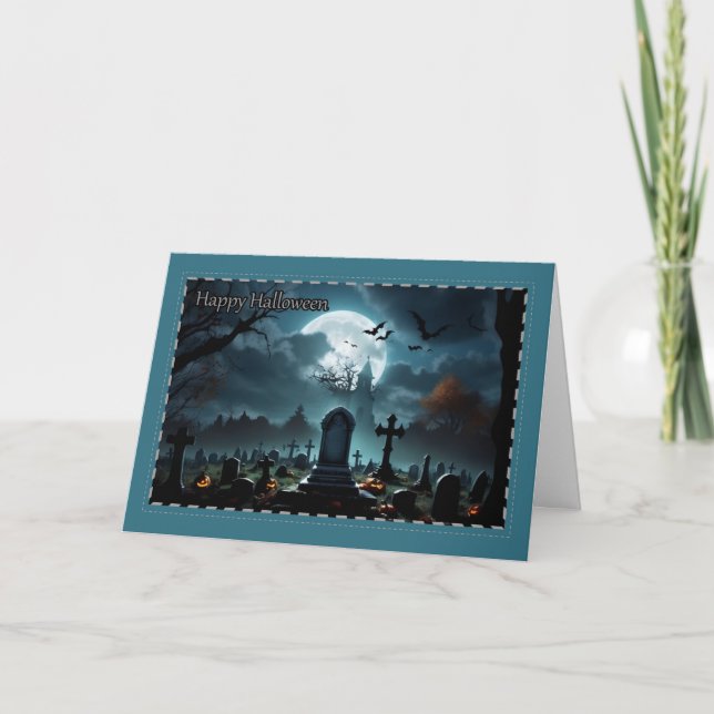 Spooky Graveyard under hela Moon Halloween-kortet Helgkort (Framsida)