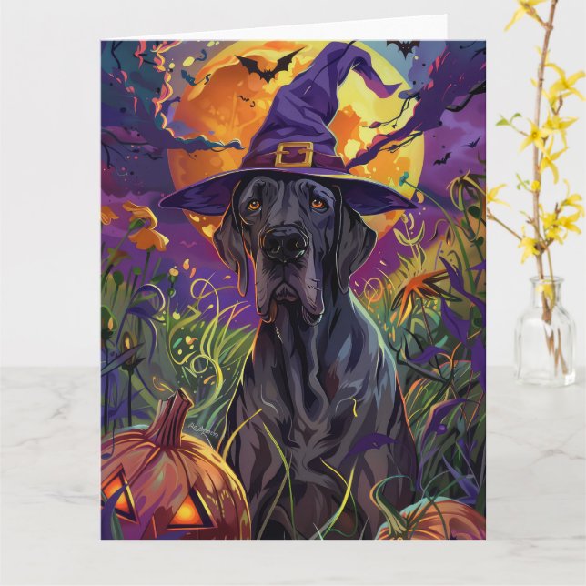 Spooky Great dane Hund Halloween Witch Pumpkin Kort (Gul blomma)