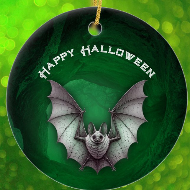 Spooky Grey Bat in Flight Green Haunted Cave Julgransprydnad Keramik (Spooky grey bat flying out of haunted glowing green cave on Halloween ceramic ornament.)