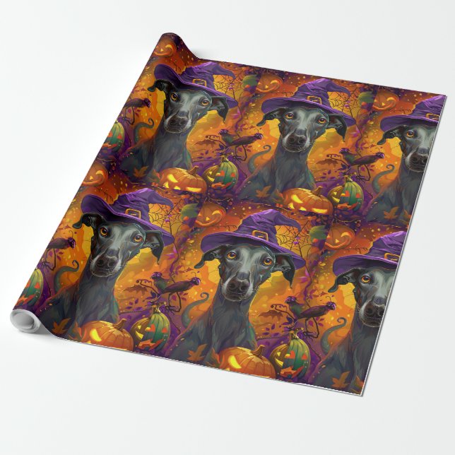 Spooky Greyhound Hund Halloween Witch och Pumpkin Presentpapper (Utrullad)