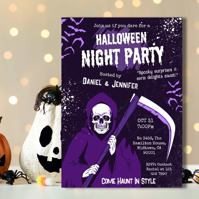 Spooky Grim Reaper fladdermus skeleton lila Hallow Inbjudningar (Skapare uppladdad)