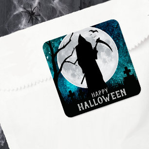 Spooky Grim Reaper Graveyard Halloween fest Fyrkantigt Klistermärke