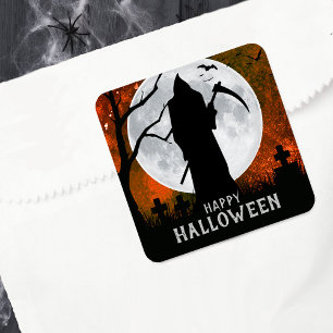 Spooky Grim Reaper Graveyard Halloween fest Fyrkantigt Klistermärke
