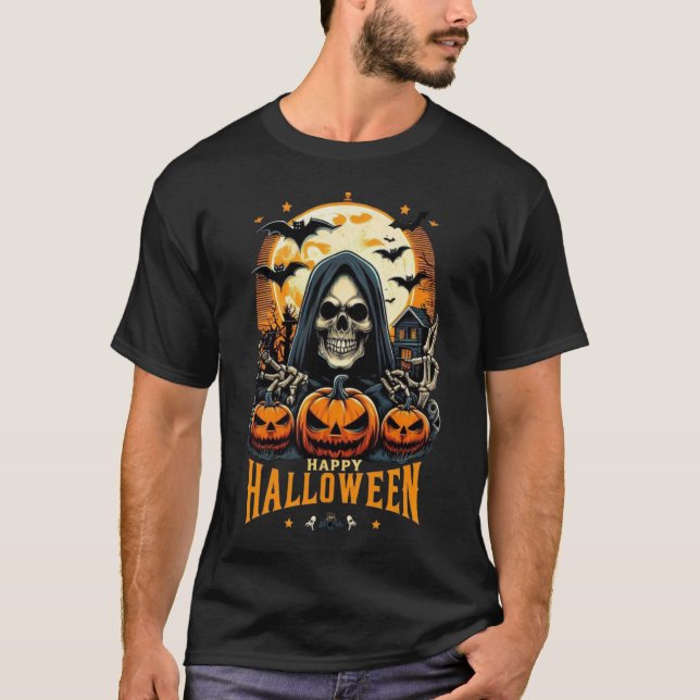 Spooky Grim Reaper Jack O' Lanterns Bats Halloween T Shirt (Framsida)