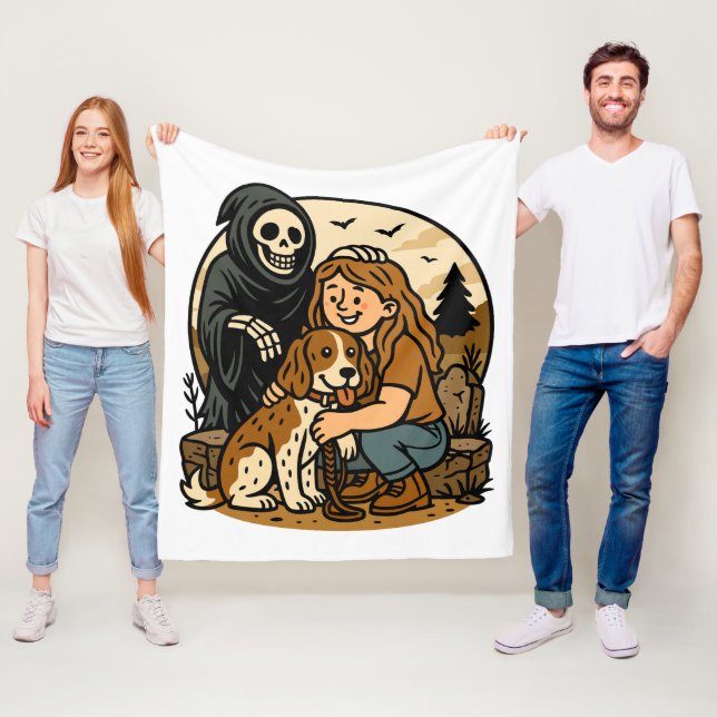 Spooky Grim Reaper with Girl and Dog Skeleton Art  Fleecefilt (På plats)