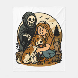 Spooky Grim Reaper with Girl and Dog Skeleton Art Fleecefilt