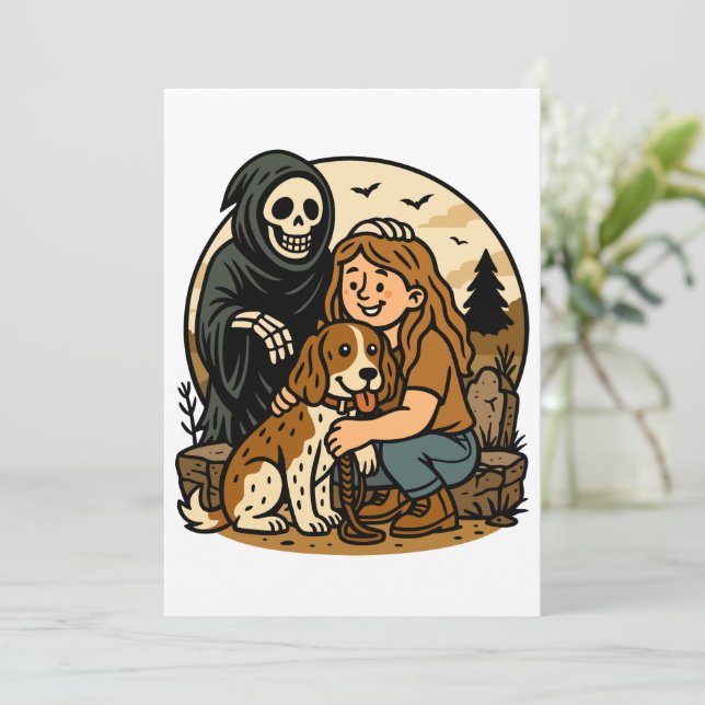 Spooky Grim Reaper with Girl and Dog Skeleton Art  Inbjudningar (Stående Fram)