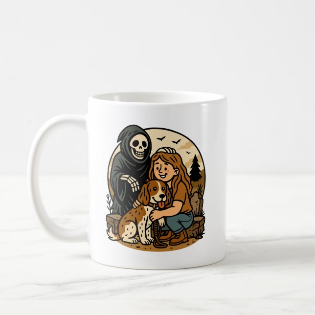 Spooky Grim Reaper with Girl and Dog Skeleton Art  Kaffemugg (Vänster)