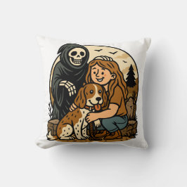 Spooky Grim Reaper with Girl and Dog Skeleton Art Kudde