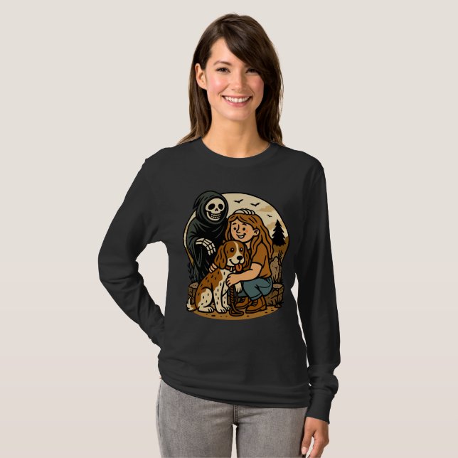 Spooky Grim Reaper with Girl and Dog Skeleton Art  T Shirt (Hel framsida)