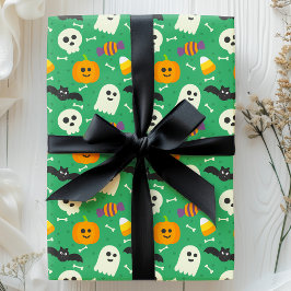Spooky Grönt Ghost, Fladdermus & Skull Halloween Presentpapper