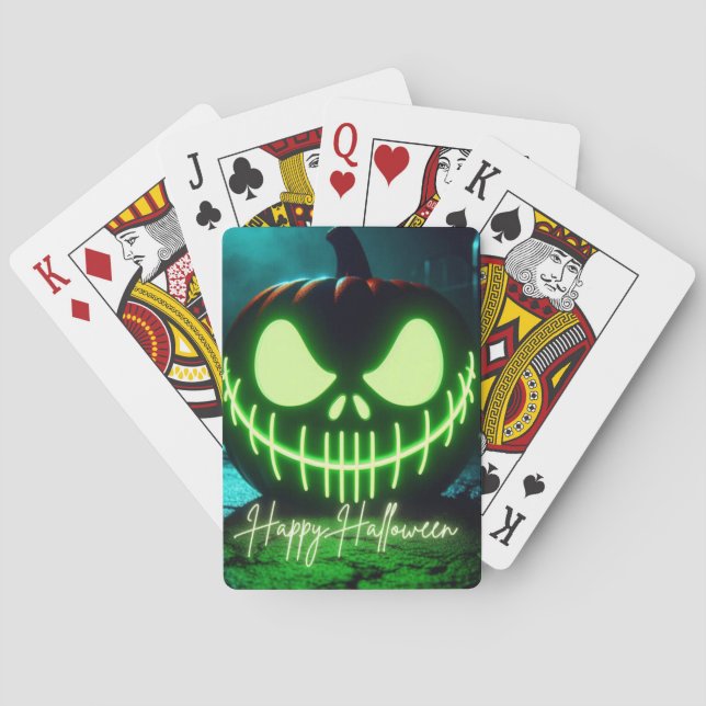 Spooky grönt glosing Halloween-pumpa Casinokort (Baksidan)