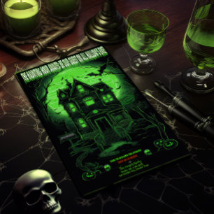Spooky Grönt Haunted Mansion Halloween fest Inbjudningar