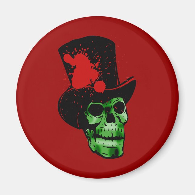 Spooky Grönt Skull med Top hat Magnet (Framsidan)