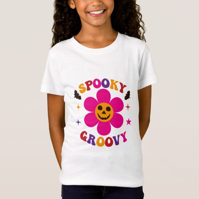 Spooky Groovy Rosa Flower Halloween T Shirt (Framsida)