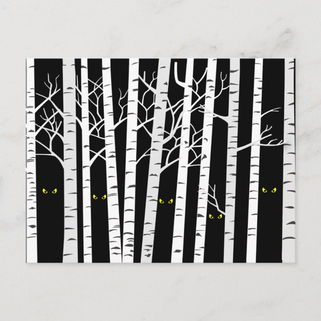 Spooky Gult Halloween Öga i Birch Forest Vykort (Framsida)