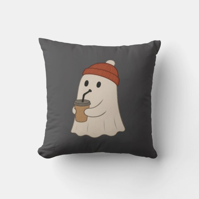 Spooky Halloween Adorable White Ghost Red Beanie  Kudde (Framsida)