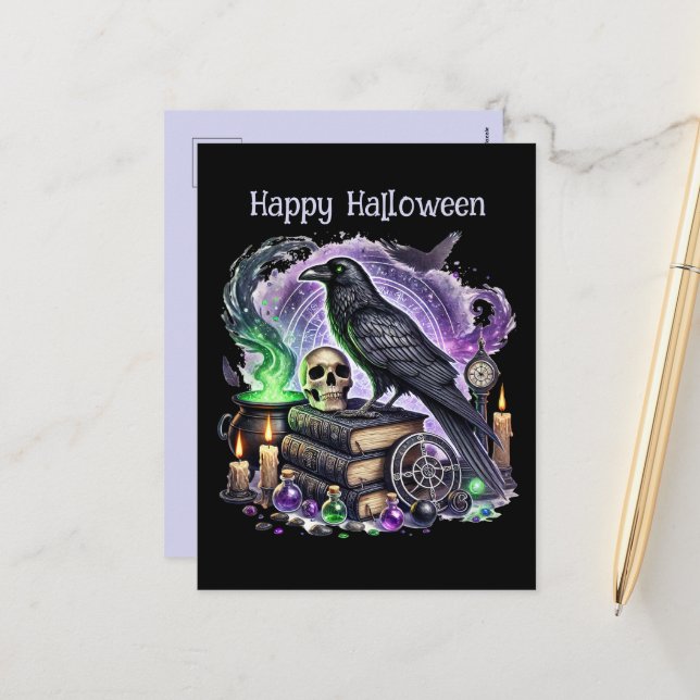 Spooky Halloween-anpassadets kråka Helg Vykort (Fram/Back In Situ)