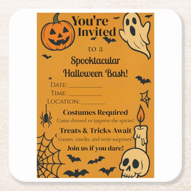 Spooky Halloween Bash Inbjudan | Spöken och spel Underlägg Papper Kvadrat (Framsidan)