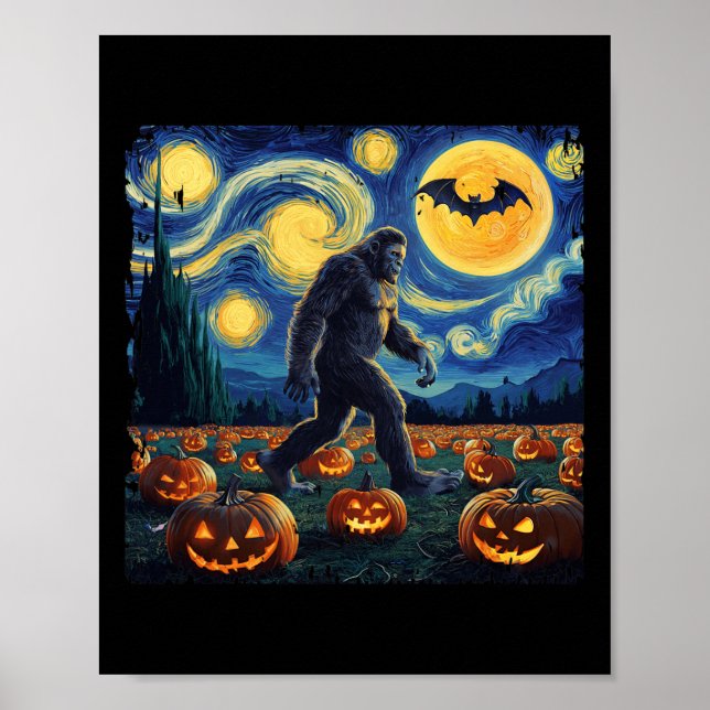Spooky Halloween Bigfoot Starry Night Van Gogh Poster (Framsidan)