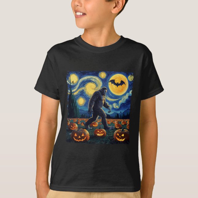 Spooky Halloween Bigfoot Starry Night Van Gogh T Shirt (Framsida)