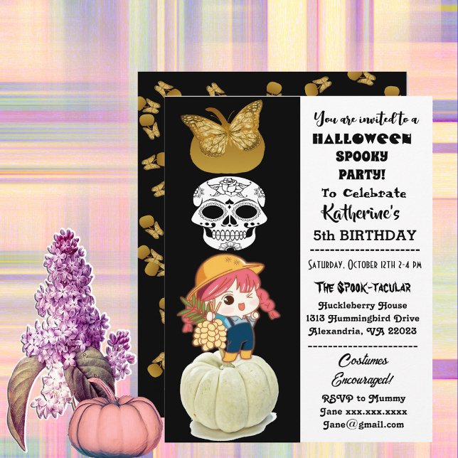 Spooky Halloween Birthday Girl Guld Pumpkins Party Inbjudningar (Spooky Halloween Birthday Girl Gold Pumpkins Party Invitation)