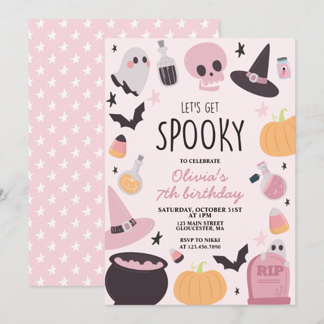 Spooky Halloween Birthday Rosa Inbjudningar (Fram/baksida)