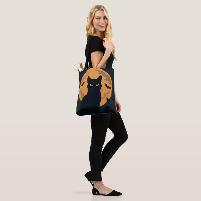 Spooky Halloween Black Cat Silhouette Full Moon Tygkasse (På modell)