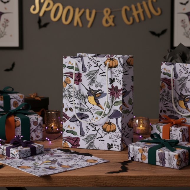 Spooky Halloween Blommigt Hummingbird Garden (Spooky & Chic Hummingbird Halloween Floral Gift Bag in Purple for Fall Party, Halloween Birthday. )