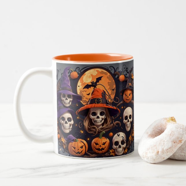 Spooky Halloween Boo Fladdermus Pumpkin Skull Witc Två-Tonad Mugg (Med munk)