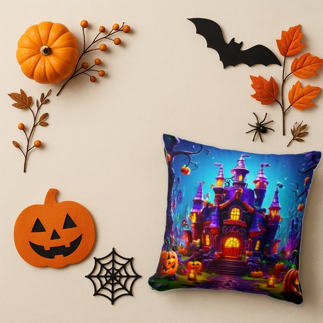 Spooky Halloween Castle - Pumpkin & Ghost Design Kudde (Skapare uppladdad)