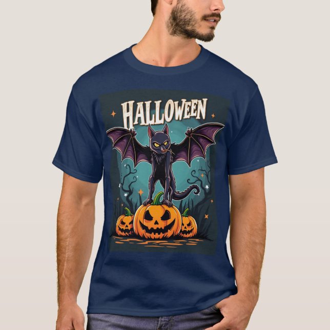 Spooky Halloween Cat: Fladdermus Vingar & Pumpkins T Shirt (Framsida)