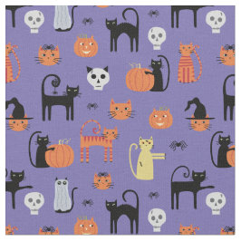 Spooky Halloween Cat Mönster Lila Tyg