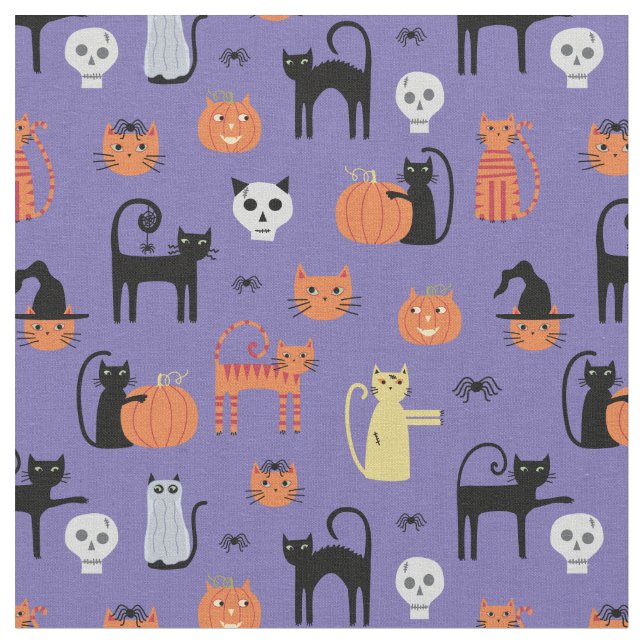 Spooky Halloween Cat Mönster Lila Tyg (Närbild)