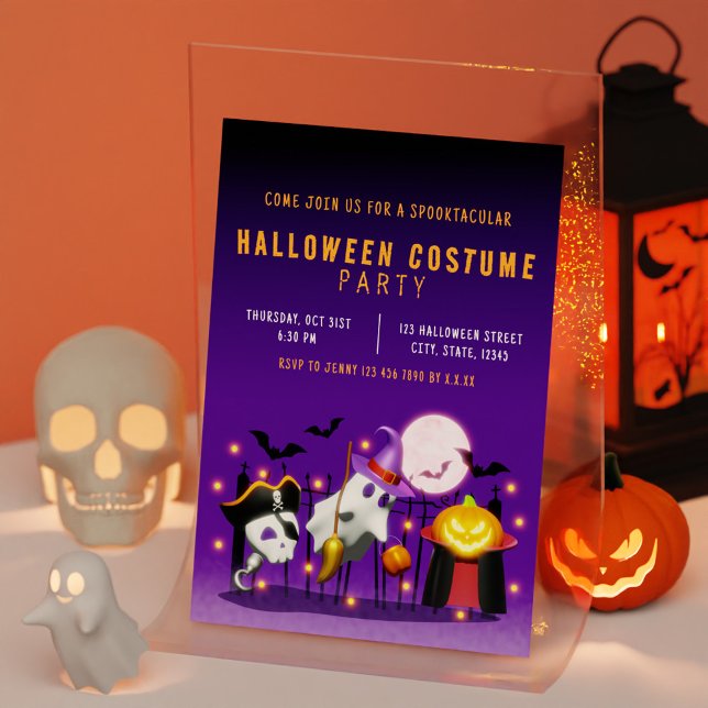 Spooky Halloween Costume Party Orange och Lila Inbjudningar (Spooky Halloween Costume Party Orange and Purple Invitation)