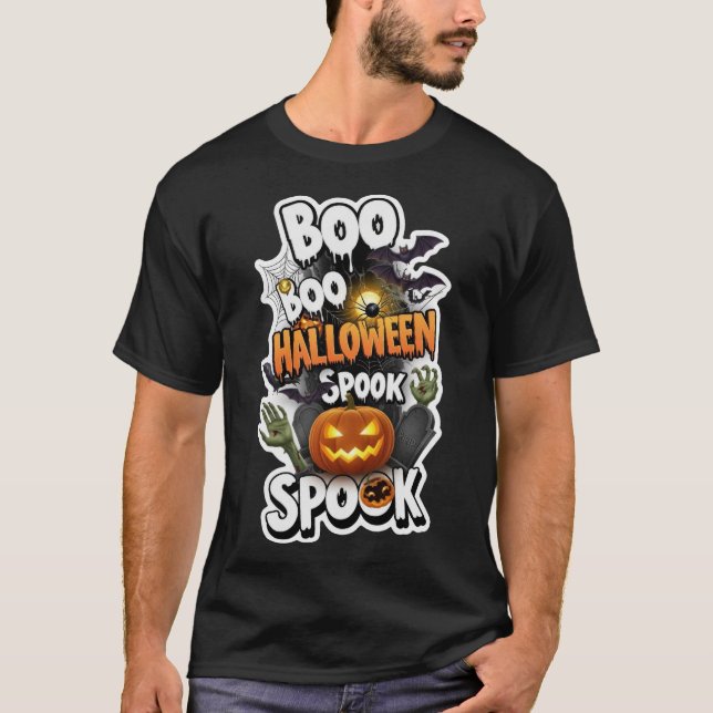 Spooky Halloween design with pumpkins bats spider  T Shirt (Framsida)