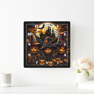 Spooky Halloween-fågelskrämmor med lysande pumpor Fyrkantig Klocka