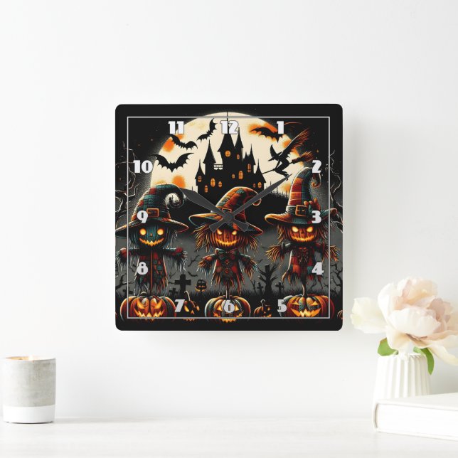 Spooky Halloween-fågelskrämmor som vaktar kyrkogår Fyrkantig Klocka (Hem)