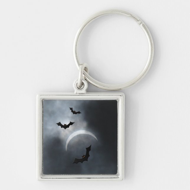 Spooky Halloween-Fladdermöss i Eclipse Fyrkantig Silverfärgad Nyckelring (Framsidan)