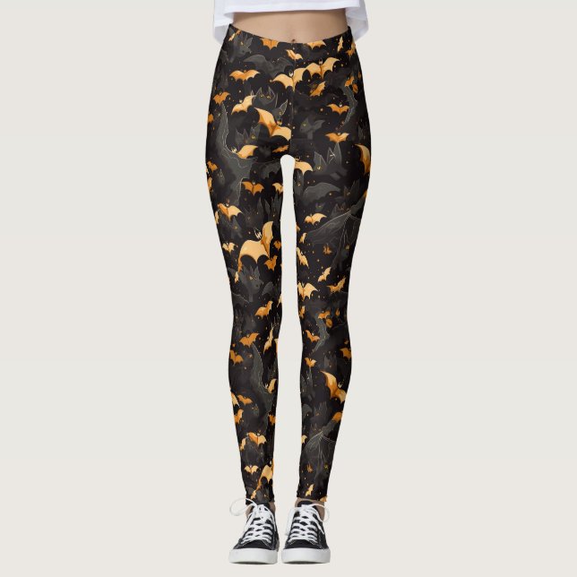 Spooky Halloween Flies Fladdermus Black Orange Whi Leggings (Framsida)