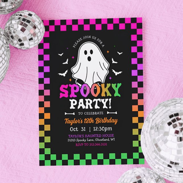 Spooky Halloween Ghost Birthday Retro Inbjudningar (Retro Neon Halloween Birthday Invitation)