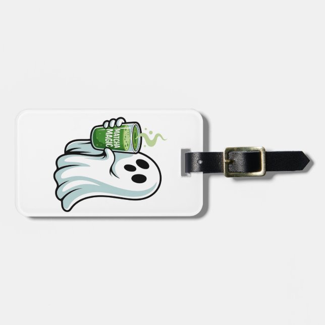 Spooky Halloween Ghost Drinking Matcha Drink Bagagebricka (Horisontell Framsida)