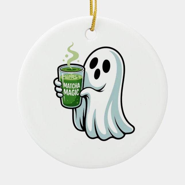 Spooky Halloween Ghost Drinking Matcha Drink Julgransprydnad Keramik (Framsidan)