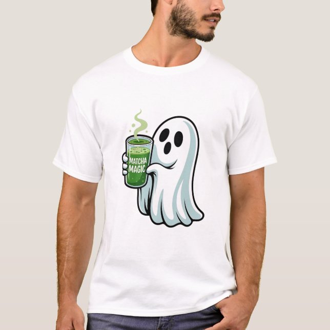Spooky Halloween Ghost Drinking Matcha Drink T Shirt (Framsida)