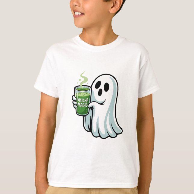 Spooky Halloween Ghost Drinking Matcha Drink T Shirt (Framsida)
