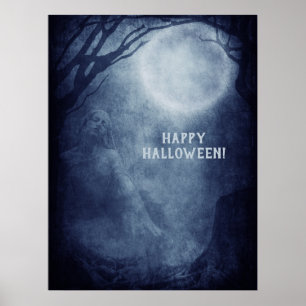 Spooky Halloween Ghost Full Moon på natten Poster